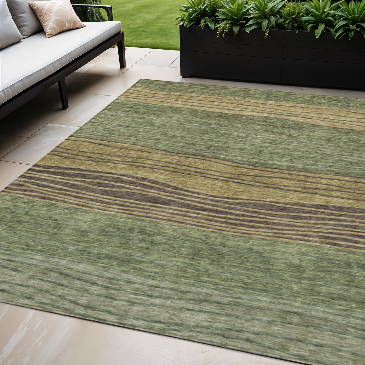 5 X 8 Olive Green And Chocolate Striped Washable Indoor Outdoor Area Rug