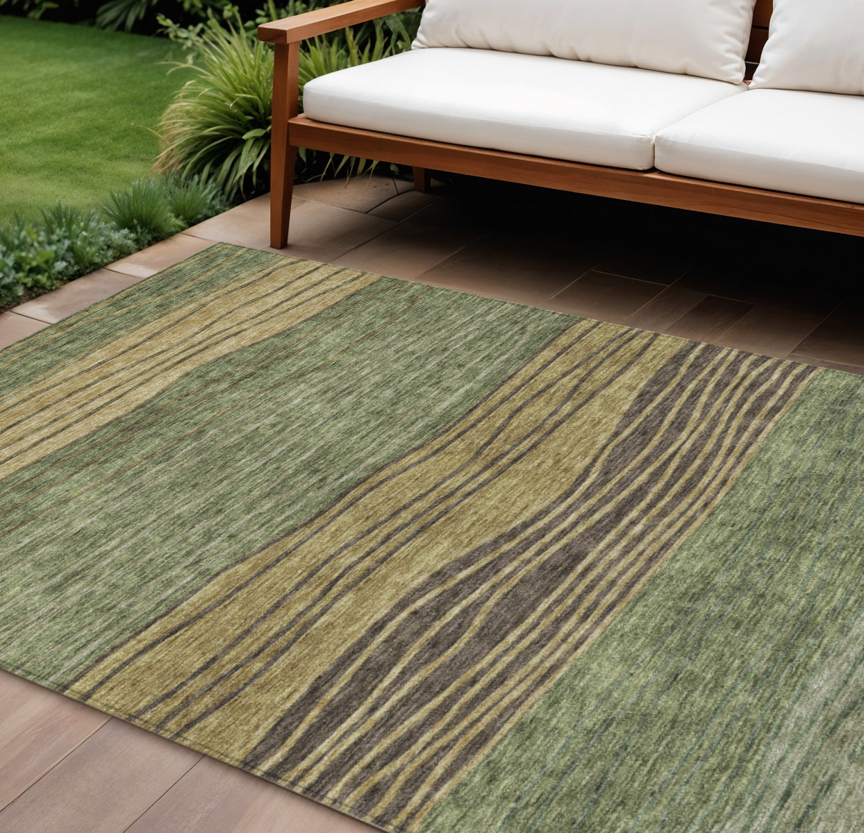 8 X 10 Olive Green And Chocolate Striped Washable Indoor Outdoor Area Rug