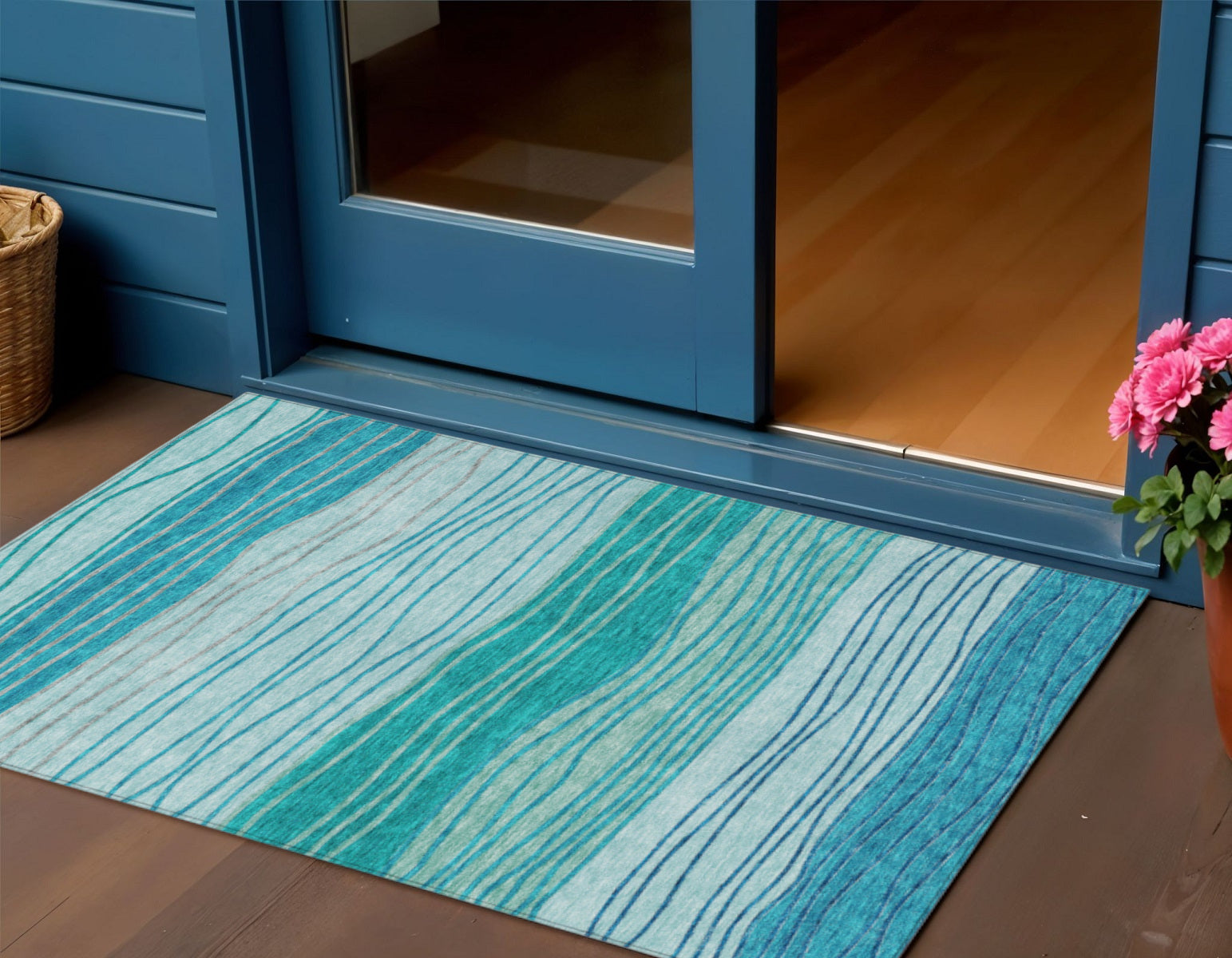 3 X 5 Sky Blue Teal Blue And Aqua Striped Washable Indoor Outdoor Area Rug
