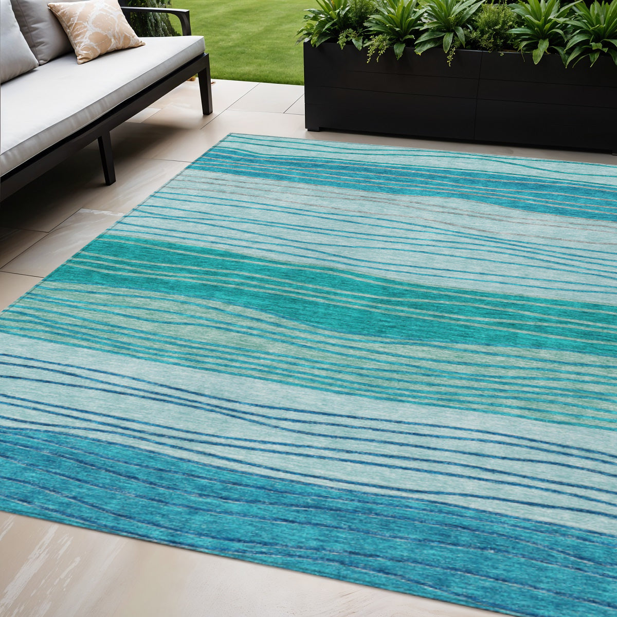 5 X 8 Sky Blue Teal Blue And Aqua Striped Washable Indoor Outdoor Area Rug
