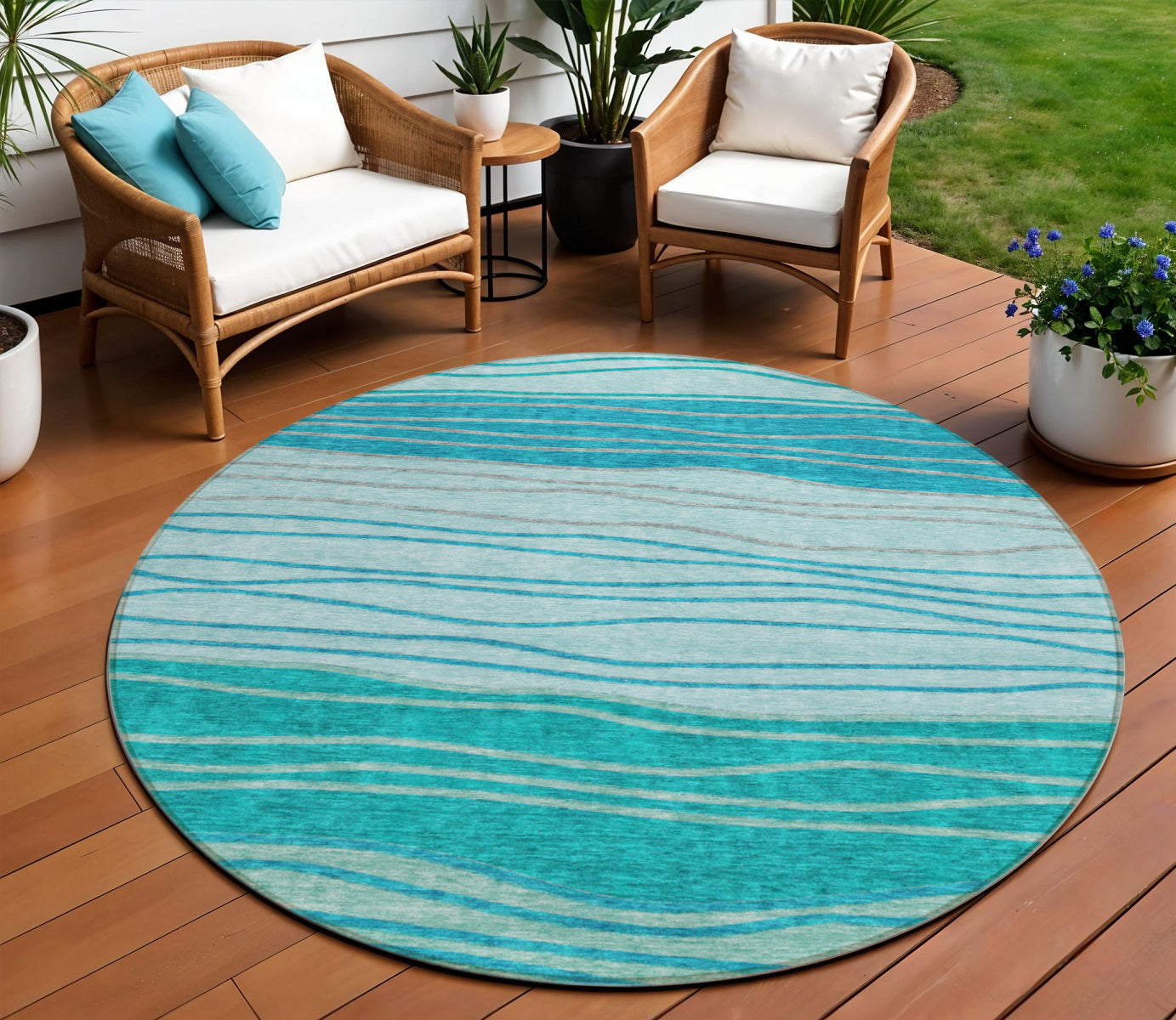 8 Sky Blue Teal Blue And Aqua Round Striped Washable Indoor Outdoor Area Rug