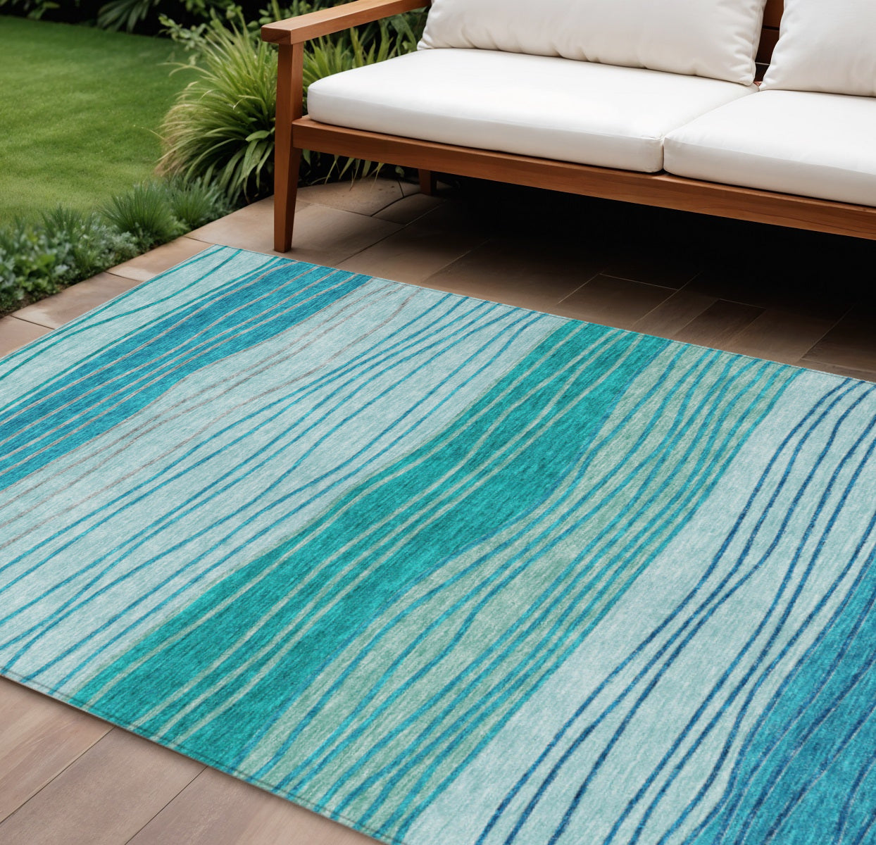 10 X 14 Sky Blue Teal Blue And Aqua Striped Washable Indoor Outdoor Area Rug