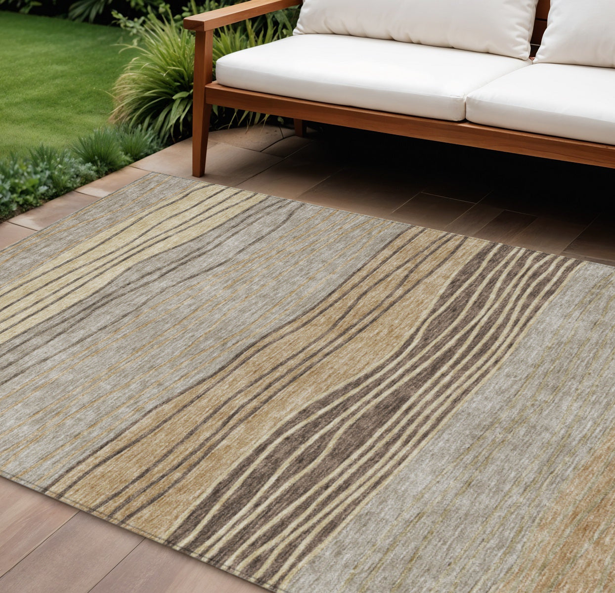 9 X 12 Taupe Brown And Beige Striped Washable Indoor Outdoor Area Rug