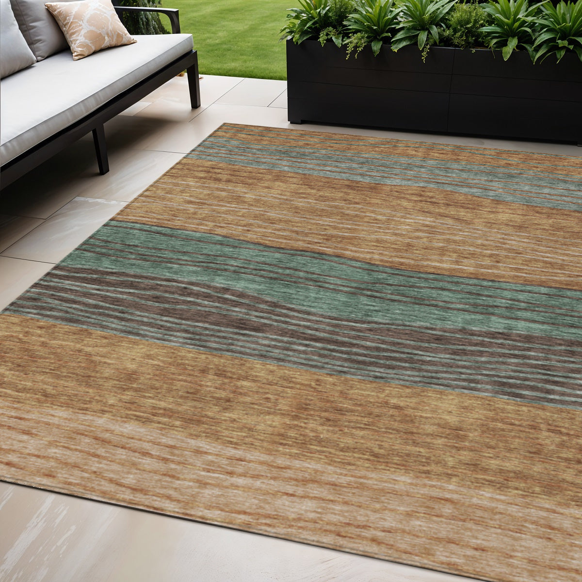 5 X 8 Terra Cotta Copper And Beige Striped Washable Indoor Outdoor Area Rug