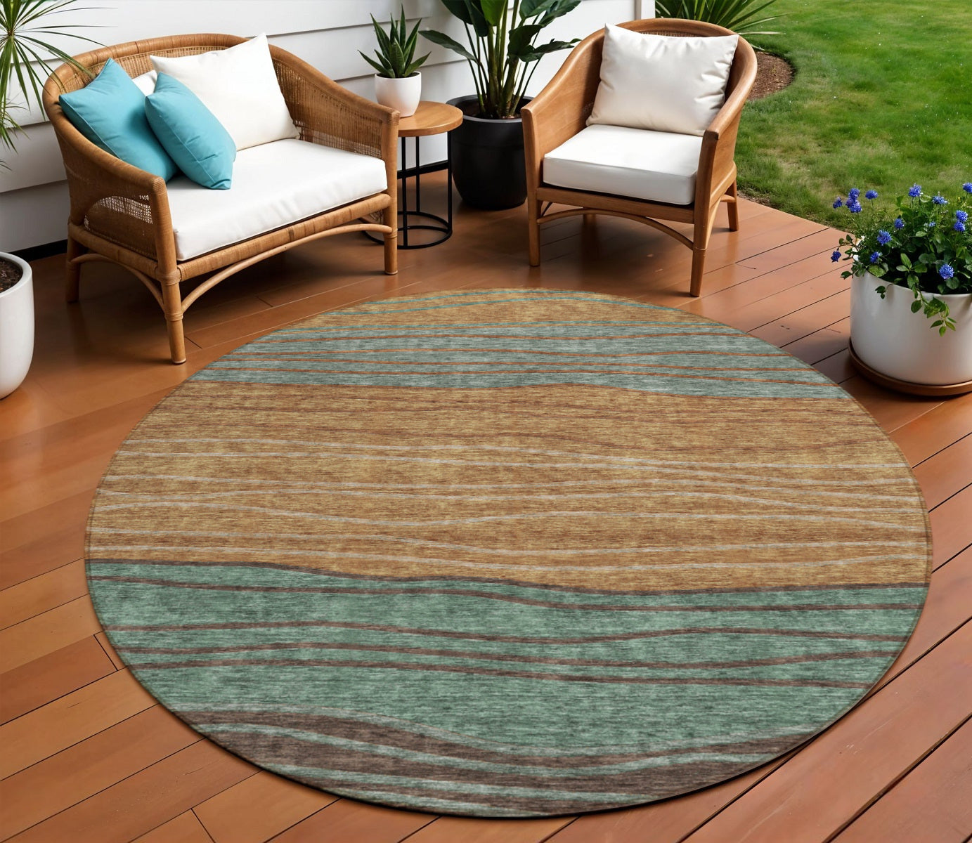 8 Terra Cotta Copper And Beige Round Striped Washable Indoor Outdoor Area Rug