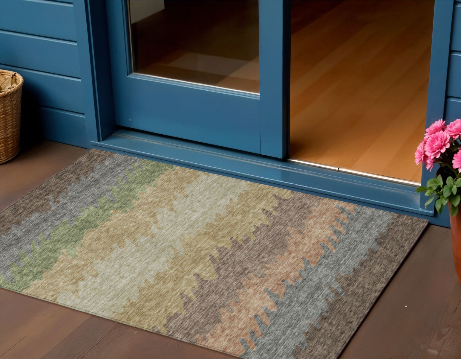 3 X 5 Chocolate Gray And Green Striped Washable Indoor Outdoor Area Rug