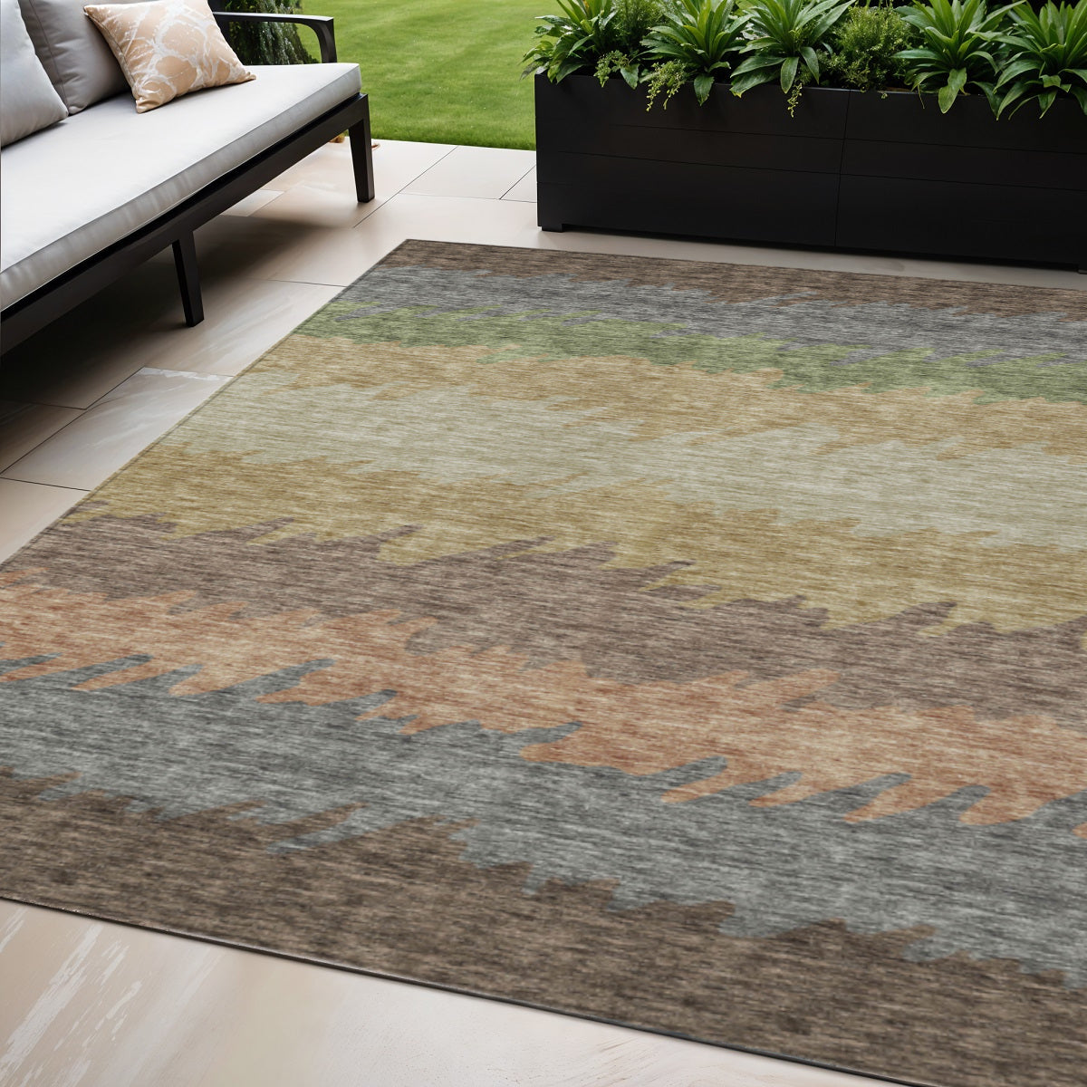 5 X 8 Chocolate Gray And Green Striped Washable Indoor Outdoor Area Rug