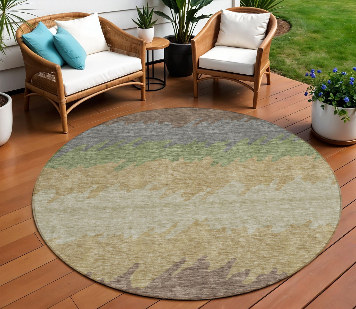 8 Chocolate Gray And Green Round Striped Washable Indoor Outdoor Area Rug