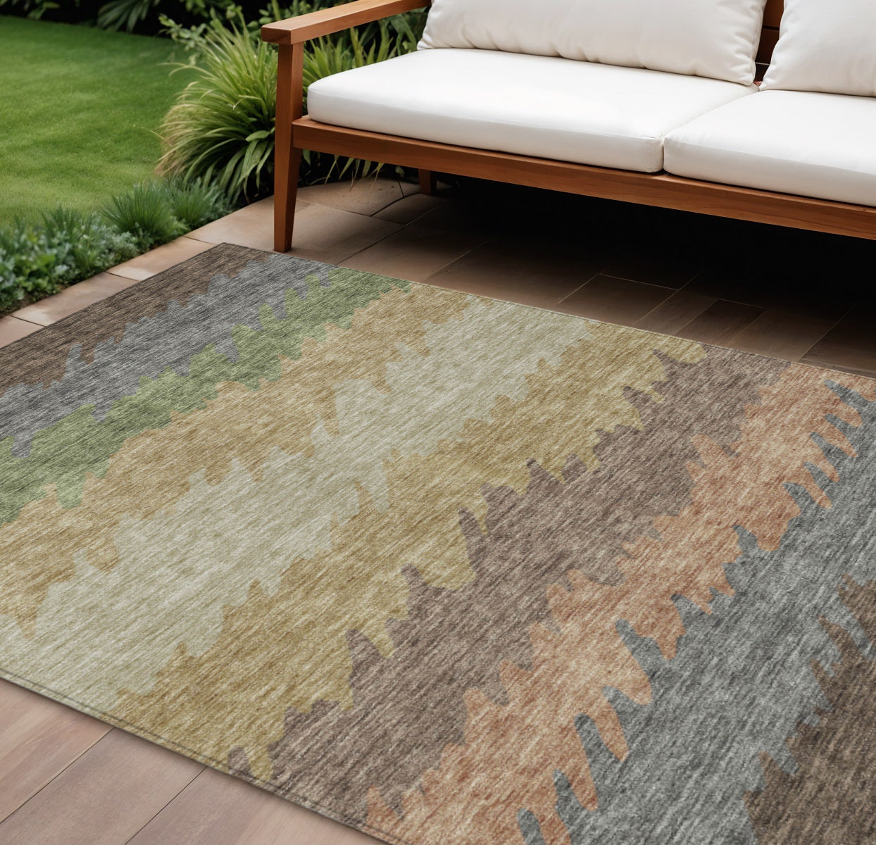8 X 10 Chocolate Gray And Green Striped Washable Indoor Outdoor Area Rug