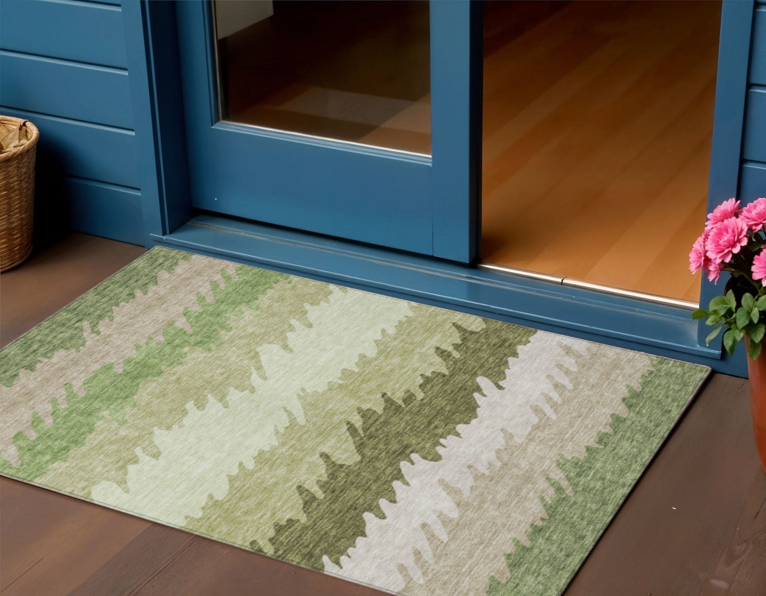 3 X 5 Green And Beige Striped Washable Indoor Outdoor Area Rug