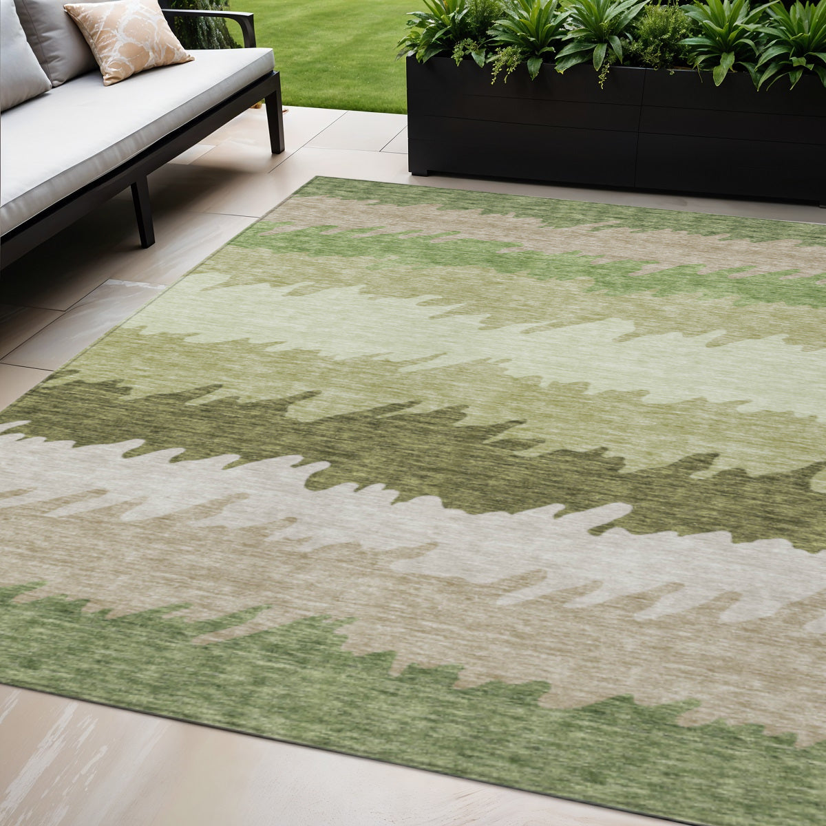 5 X 8 Green And Beige Striped Washable Indoor Outdoor Area Rug