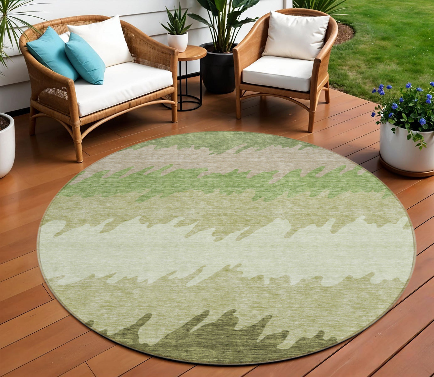 8 Beige And Olive Green Round Striped Washable Indoor Outdoor Area Rug