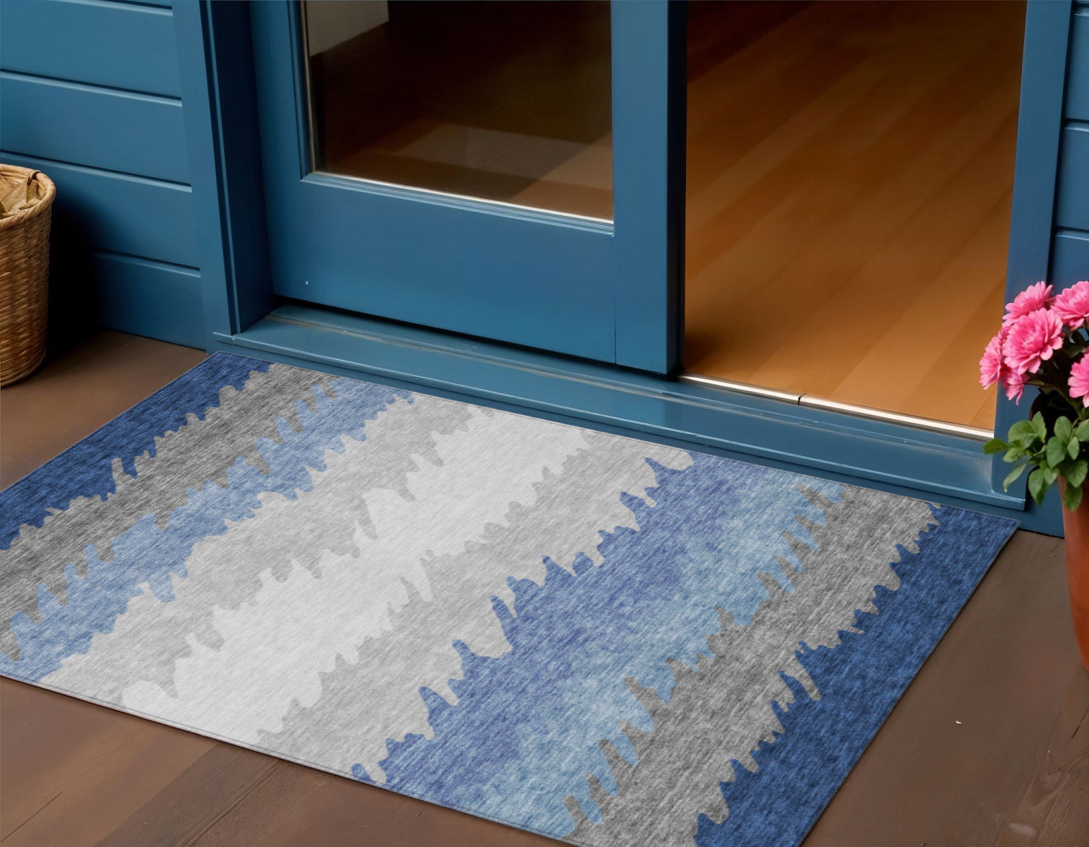3 X 5 Navy Blue Gray And Silver Striped Washable Indoor Outdoor Area Rug