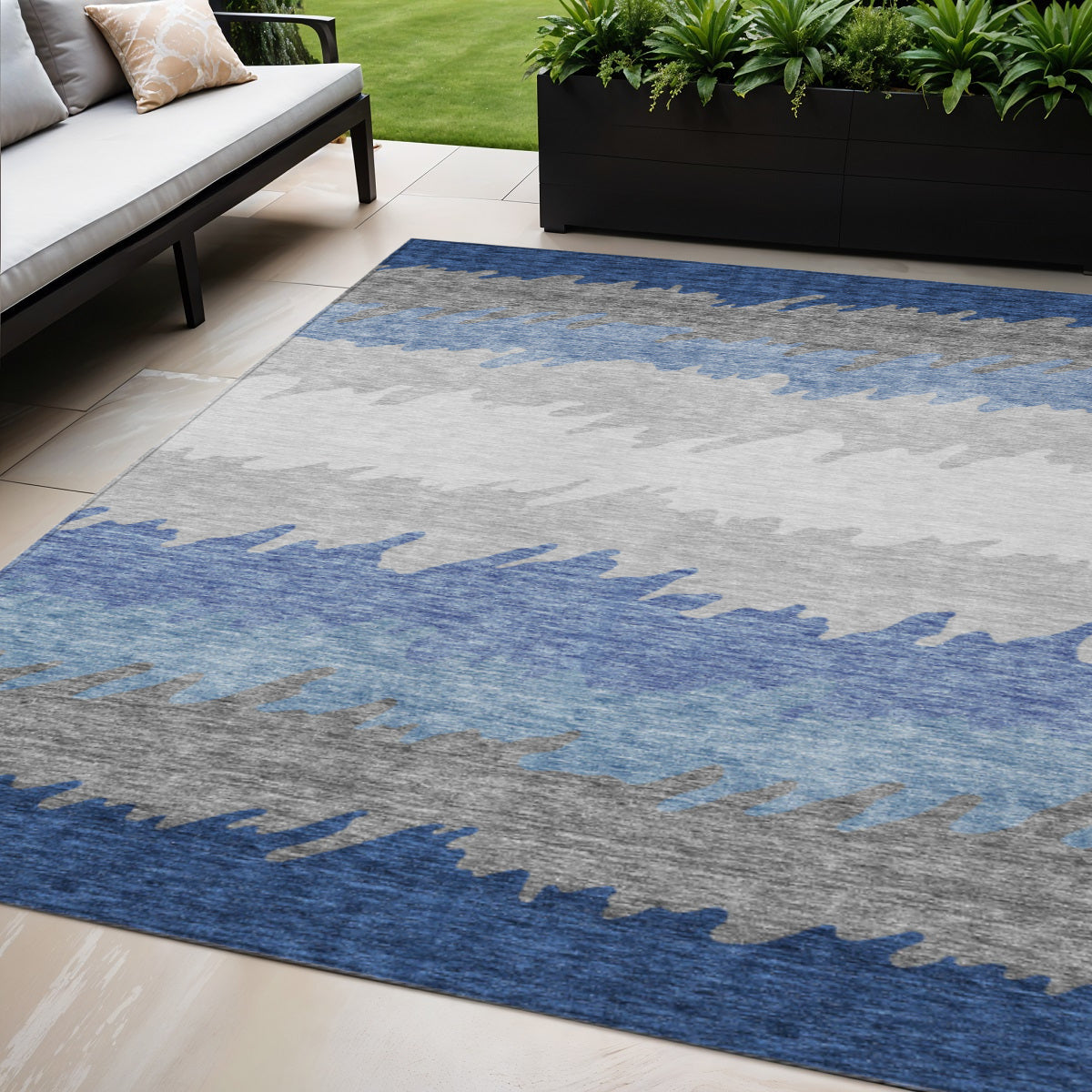 5 X 8 Navy Blue Gray And Silver Striped Washable Indoor Outdoor Area Rug