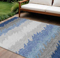 9 X 12 Navy Blue Gray And Silver Striped Washable Indoor Outdoor Area Rug
