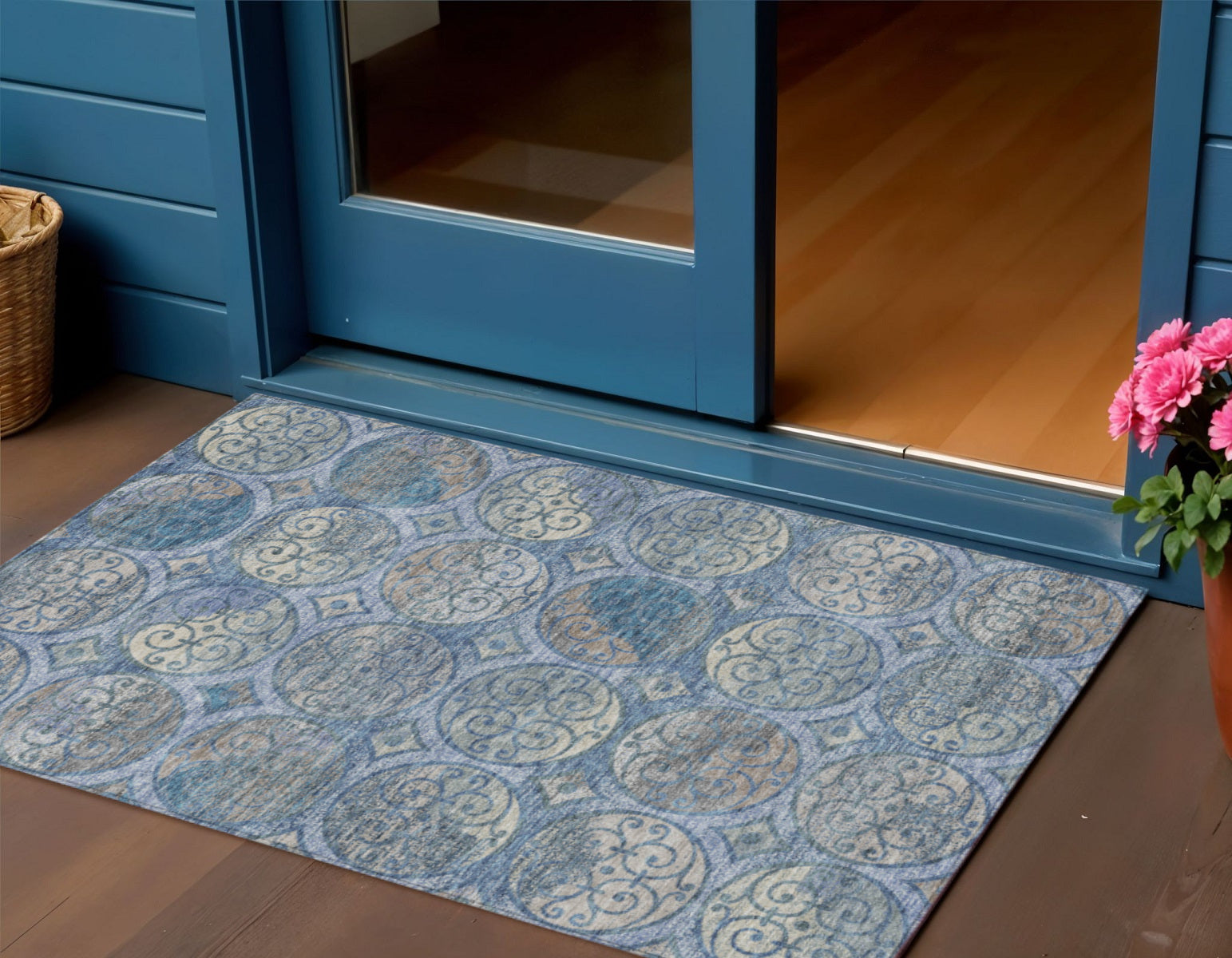 3 X 5 Navy Blue And Sky Blue Trellis Washable Indoor Outdoor Area Rug