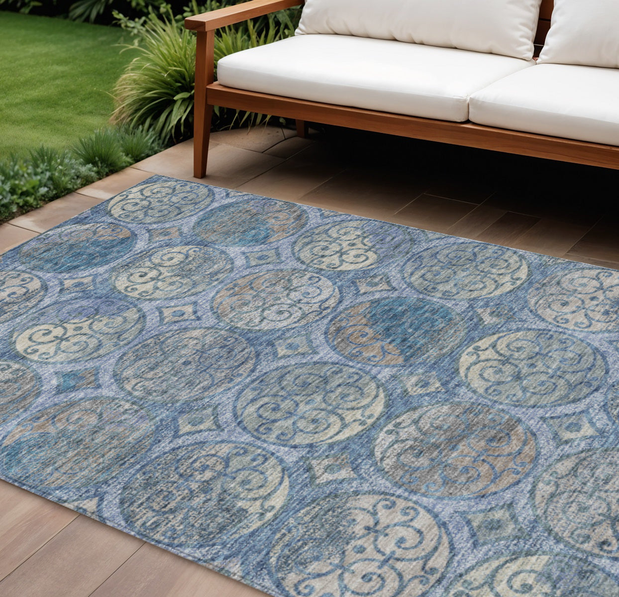 9 X 12 Navy Blue And Sky Blue Trellis Washable Indoor Outdoor Area Rug