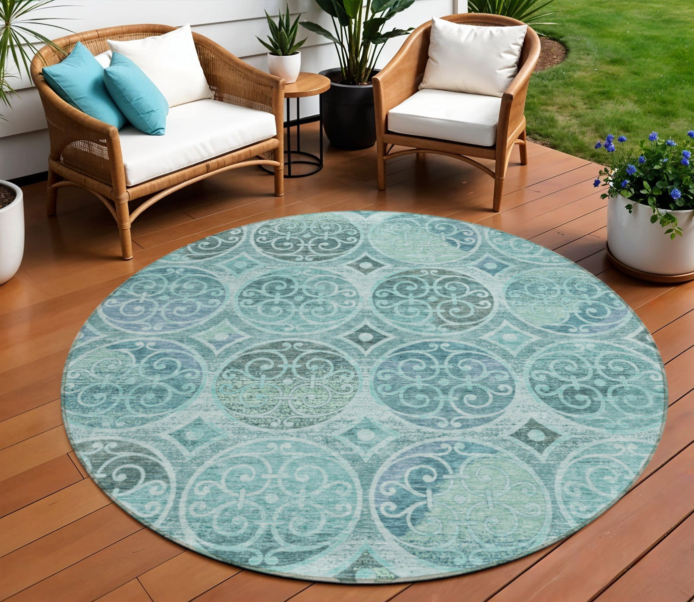 8 Teal Blue And Aqua Round Trellis Washable Indoor Outdoor Area Rug
