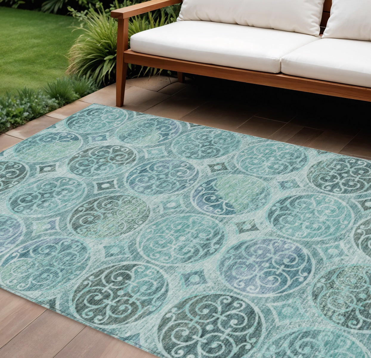10 X 14 Teal Blue And Aqua Trellis Washable Indoor Outdoor Area Rug