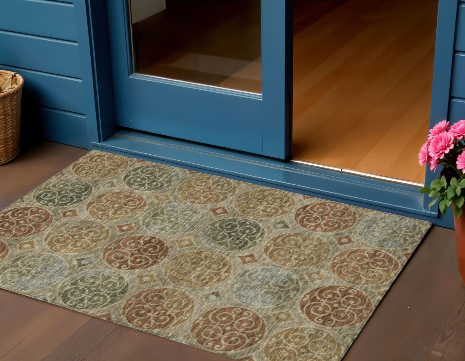 3 X 5 Taupe Green And Gold Trellis Washable Indoor Outdoor Area Rug