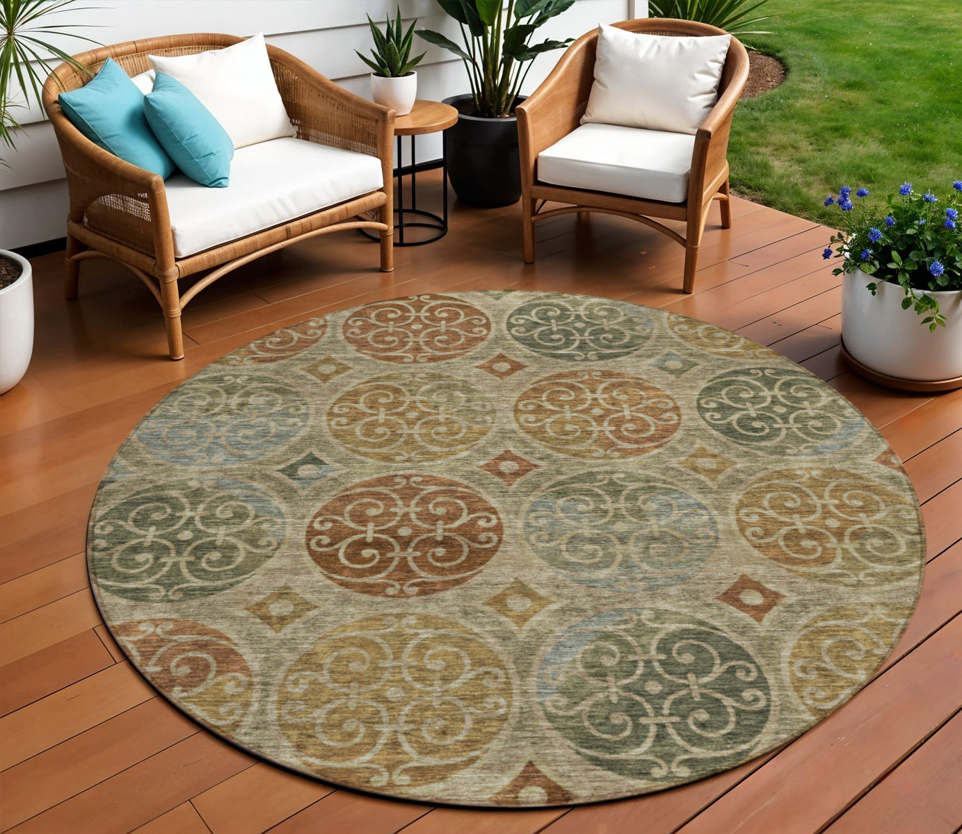 8 Taupe Green And Gold Round Trellis Washable Indoor Outdoor Area Rug