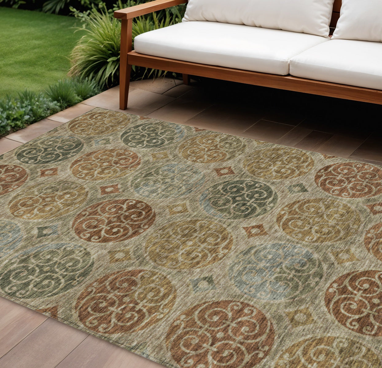 8 X 10 Taupe Green And Gold Trellis Washable Indoor Outdoor Area Rug