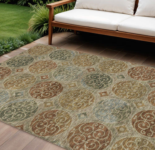 10 X 14 Taupe Green And Gold Trellis Washable Indoor Outdoor Area Rug