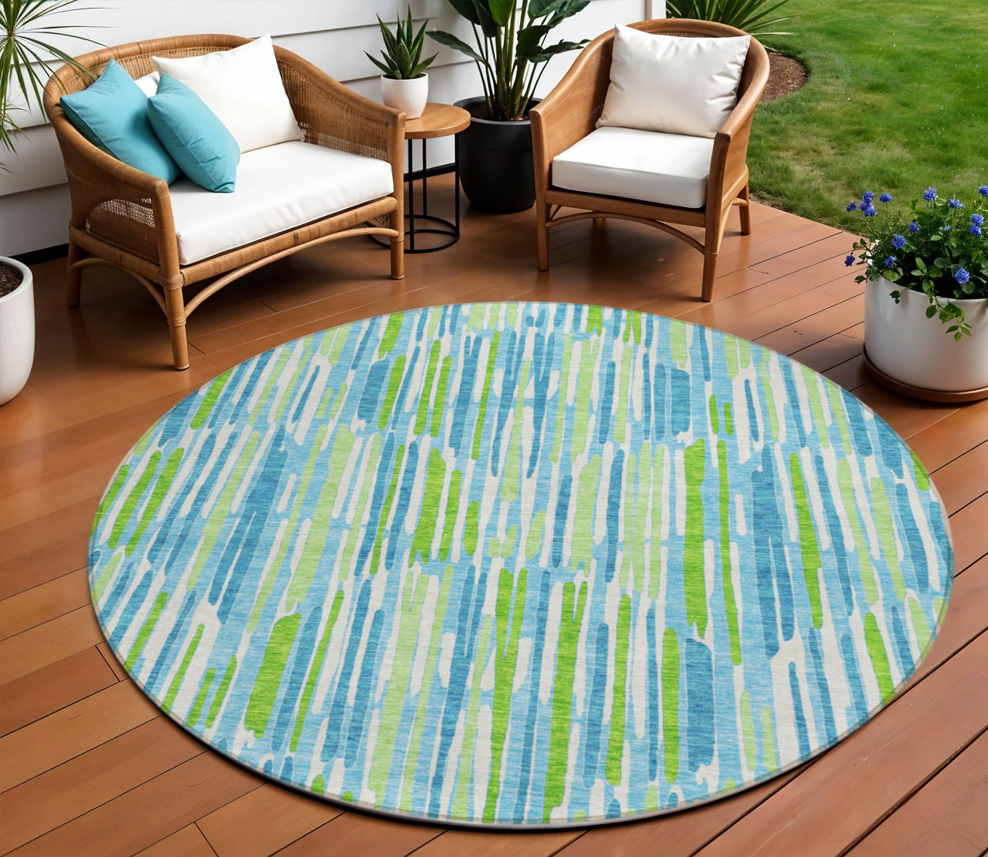8 Aqua Teal Blue And Lime Green Round Abstract Washable Indoor Outdoor Area Rug