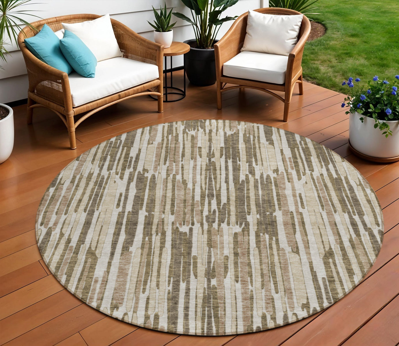 8 Brown And Taupe Round Abstract Washable Indoor Outdoor Area Rug