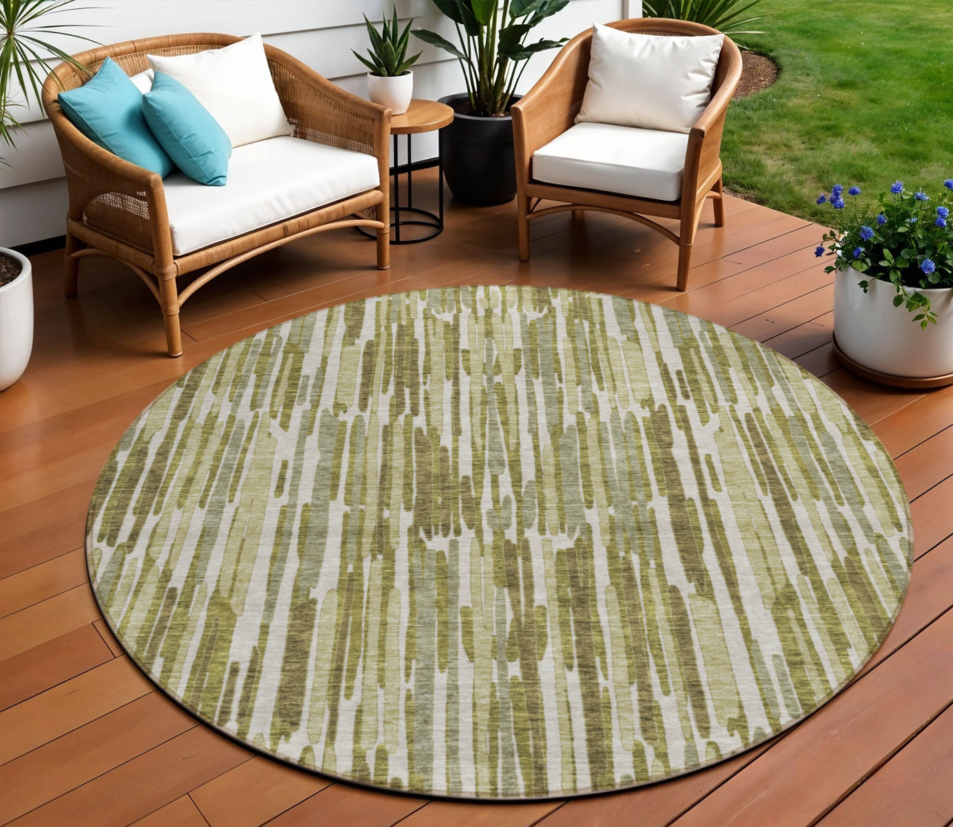 8 Olive Green Brown And Beige Round Abstract Washable Indoor Outdoor Area Rug