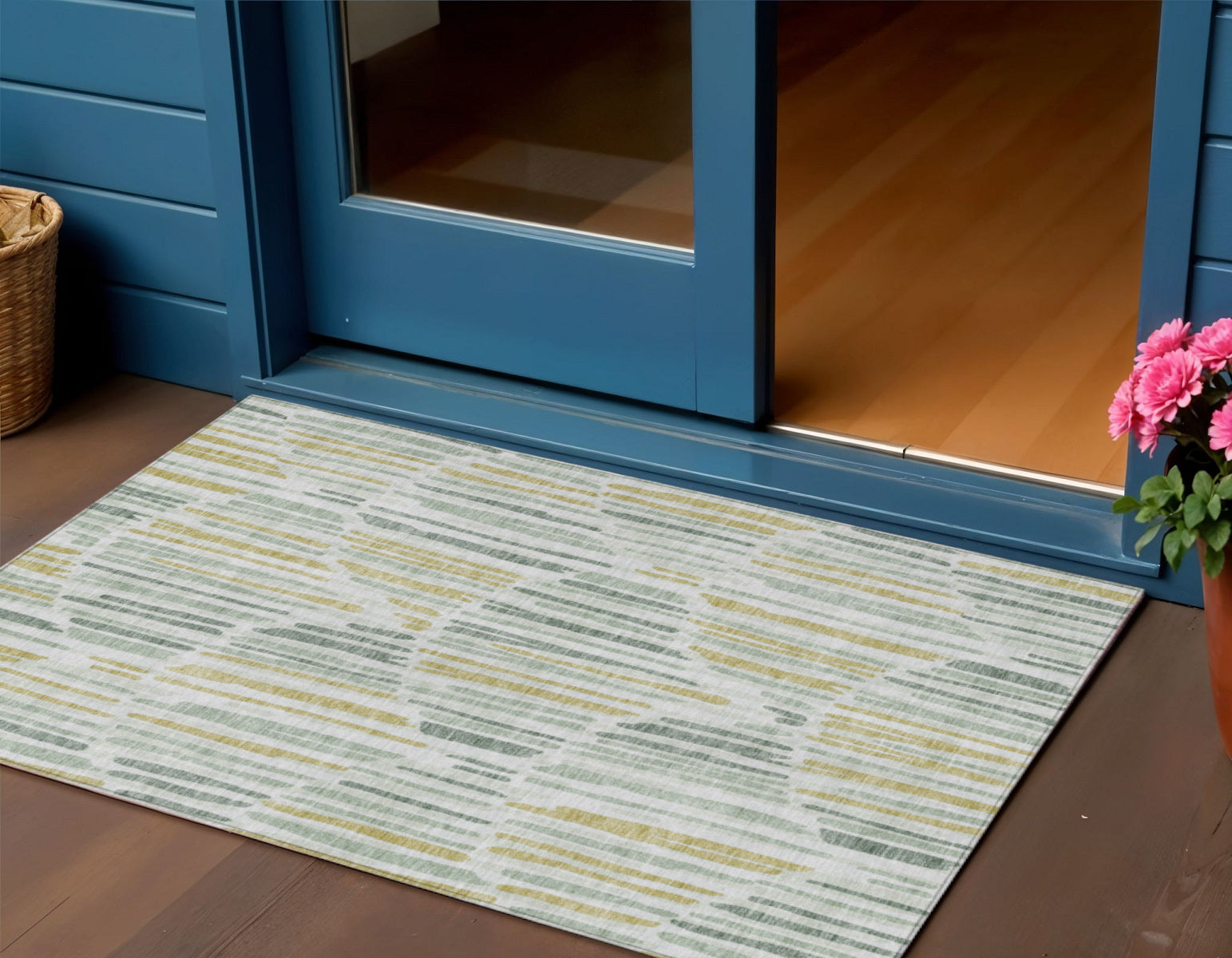 3 X 5 Sage Artichoke Green And Gold Abstract Washable Indoor Outdoor Area Rug