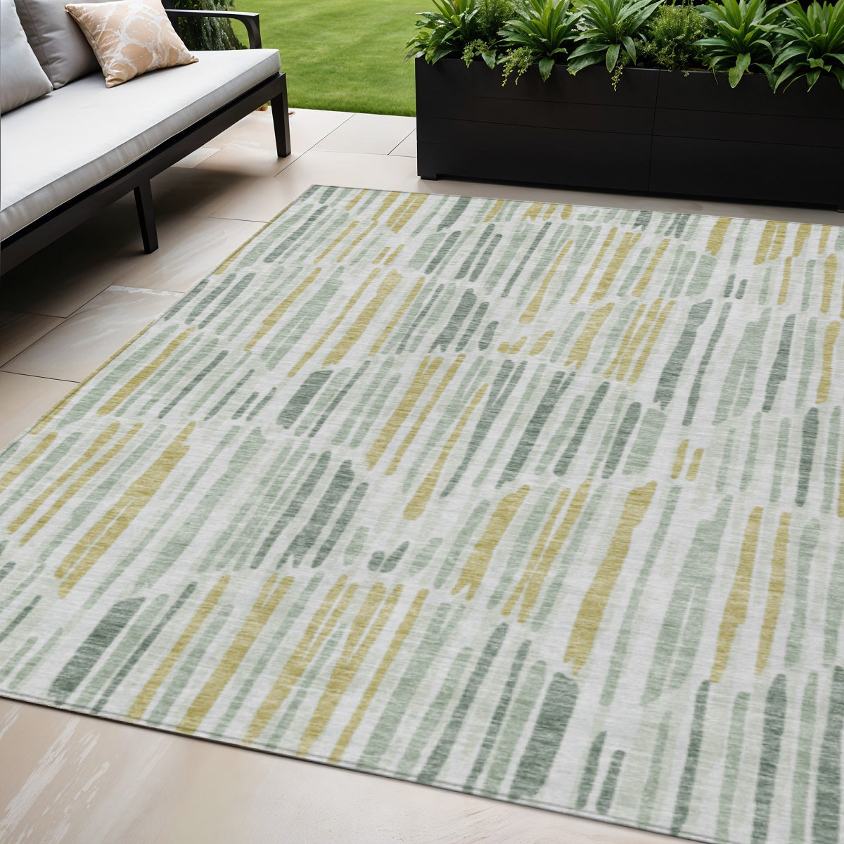 5 X 8 Sage Artichoke Green And Gold Abstract Washable Indoor Outdoor Area Rug