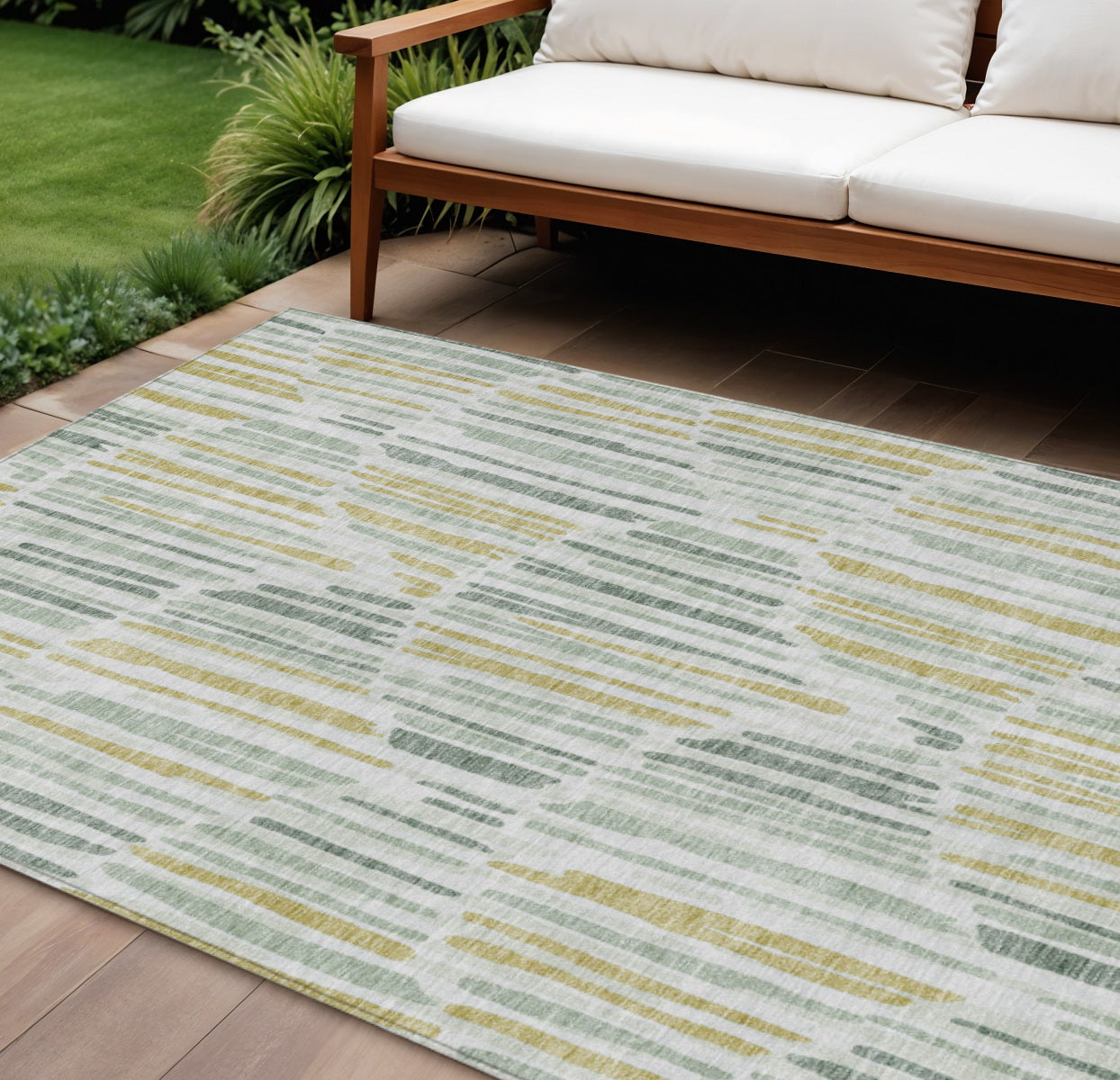9 X 12 Sage Artichoke Green And Gold Abstract Washable Indoor Outdoor Area Rug