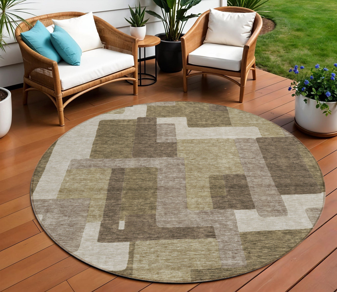 8 Brown And Beige Round Abstract Washable Indoor Outdoor Area Rug