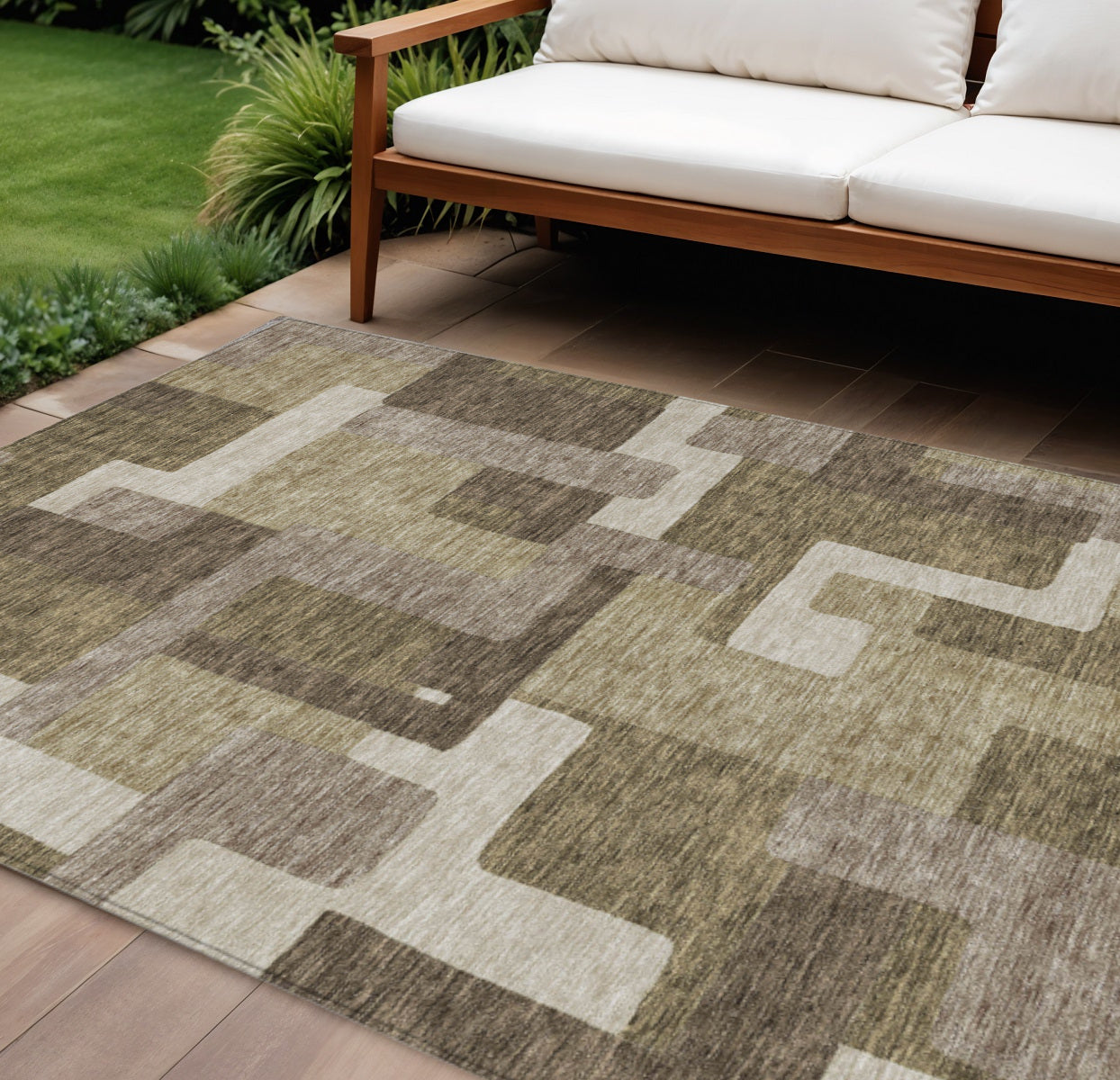 8 X 10 Brown And Beige Abstract Washable Indoor Outdoor Area Rug