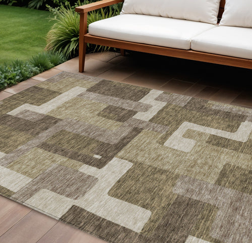10 X 14 Brown And Beige Abstract Washable Indoor Outdoor Area Rug