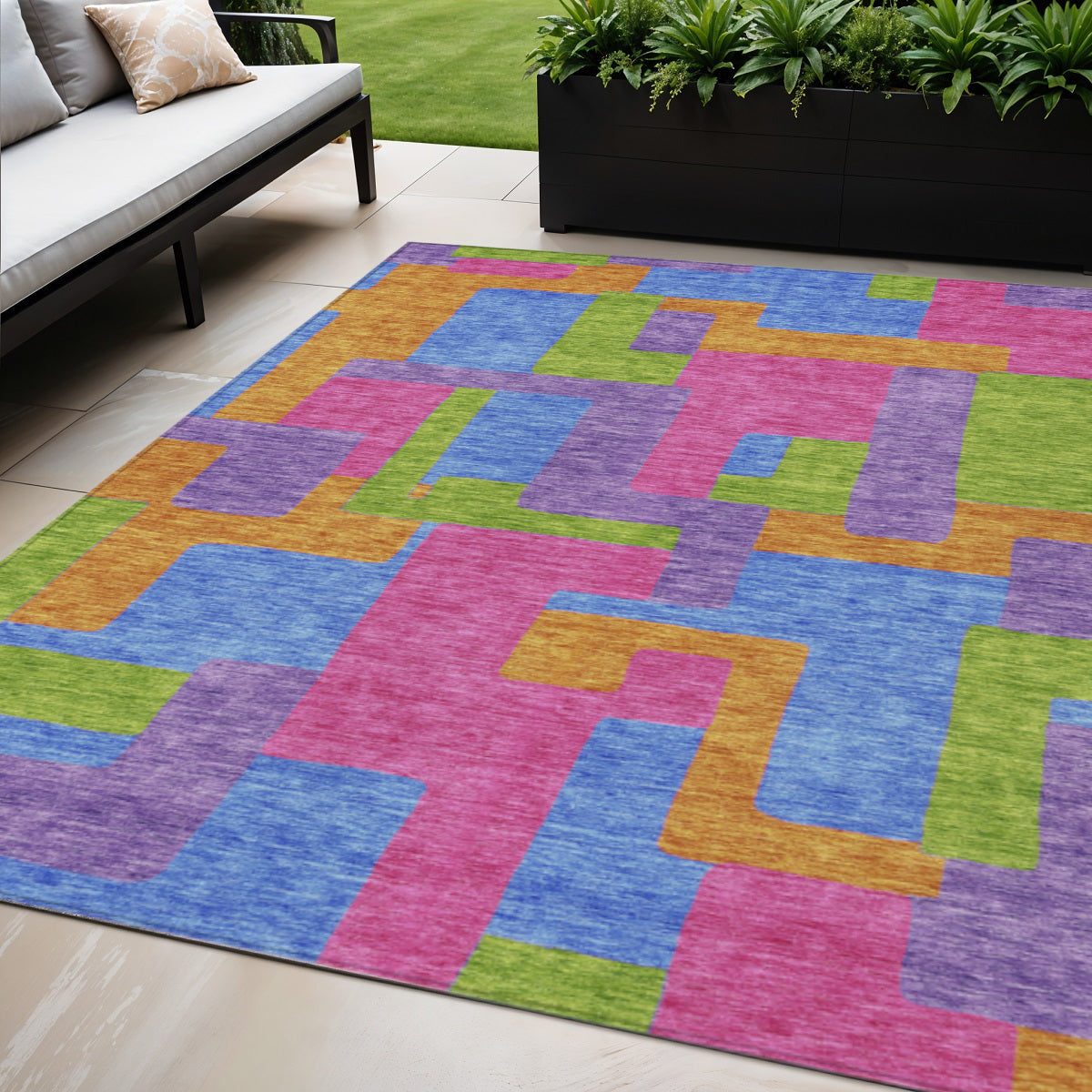 5 X 8 Purple Pink And Blue Abstract Washable Indoor Outdoor Area Rug
