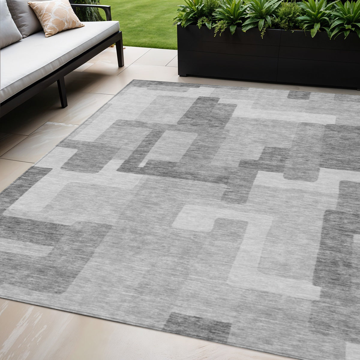 5 X 8 Silver And Charcoal Abstract Washable Indoor Outdoor Area Rug