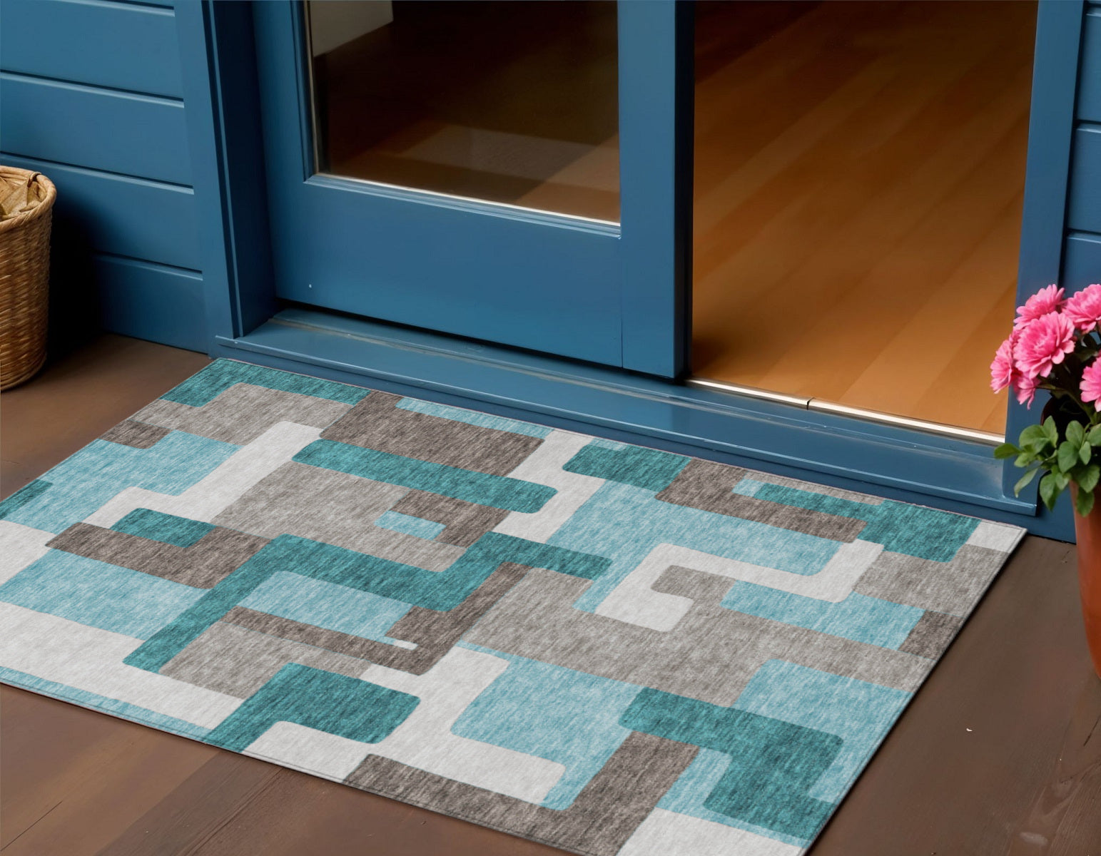 3 X 5 Teal Blue Aqua And Beige Abstract Washable Indoor Outdoor Area Rug