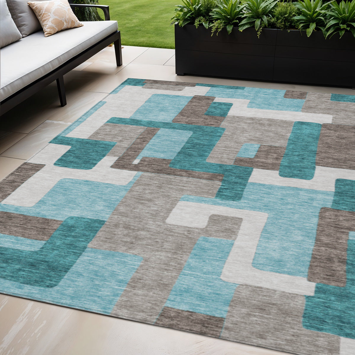 5 X 8 Teal Blue Aqua And Beige Abstract Washable Indoor Outdoor Area Rug