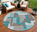 8 Teal Blue Aqua And Beige Round Abstract Washable Indoor Outdoor Area Rug