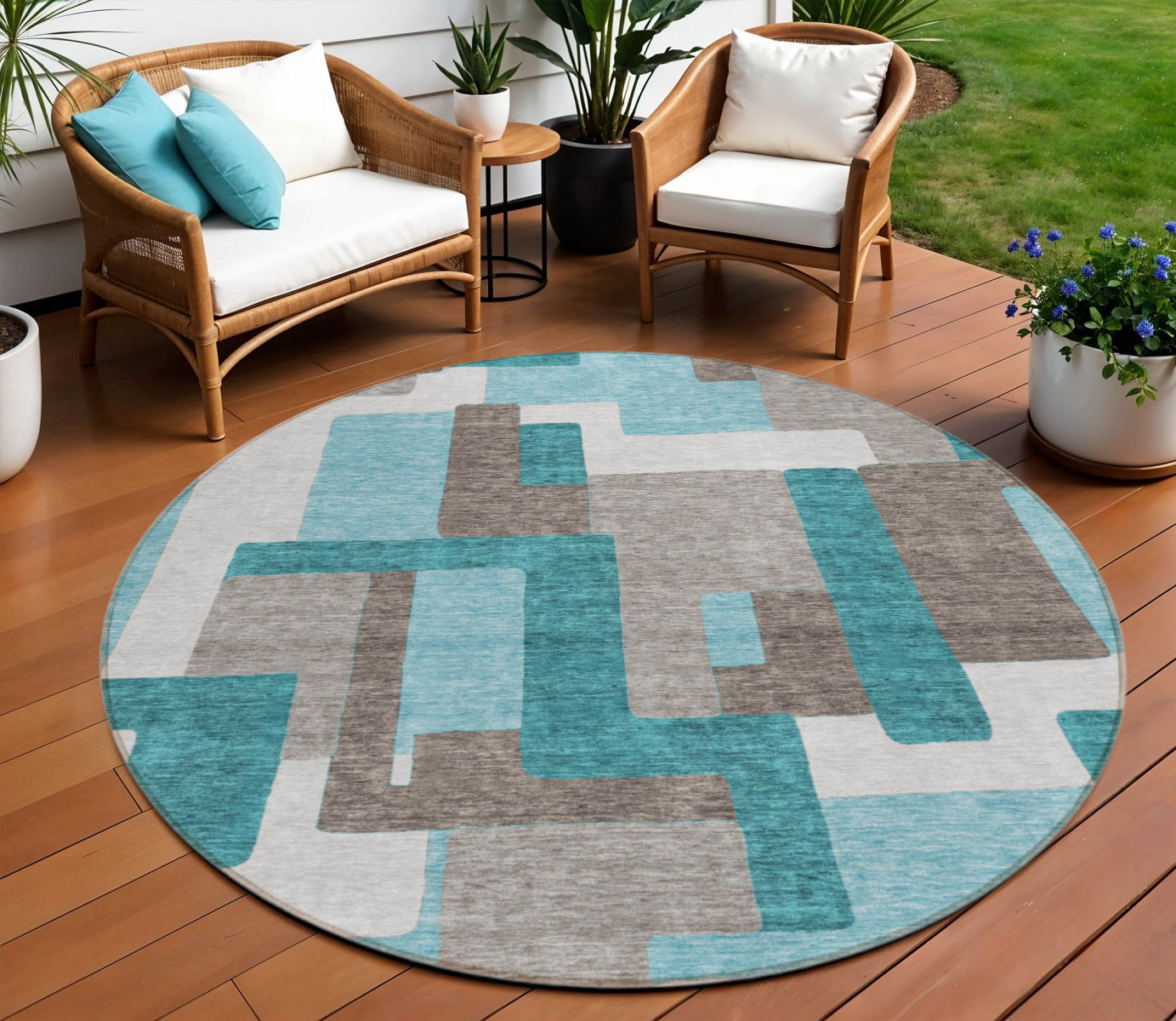 8 Teal Blue Aqua And Beige Round Abstract Washable Indoor Outdoor Area Rug