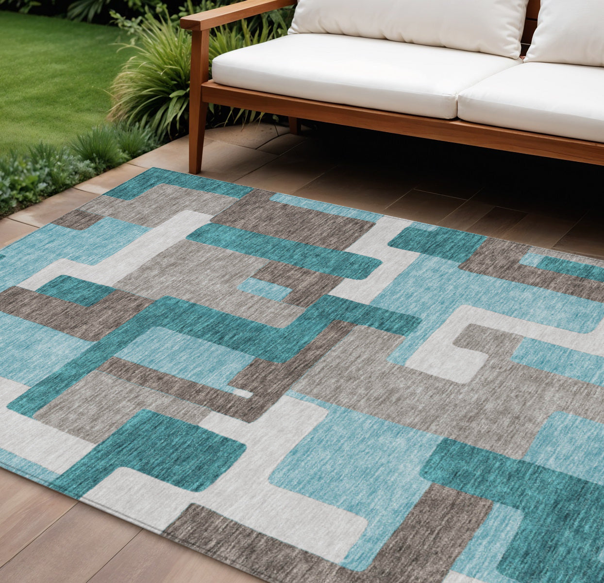 9 X 12 Teal Blue Aqua And Beige Abstract Washable Indoor Outdoor Area Rug