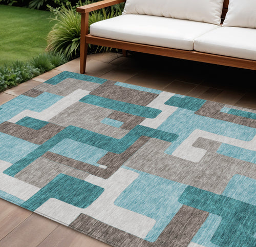 10 X 14 Teal Blue Aqua And Beige Abstract Washable Indoor Outdoor Area Rug