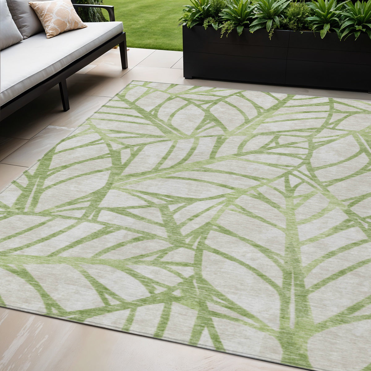 5 X 8 Artichoke Green And Beige Floral Washable Indoor Outdoor Area Rug