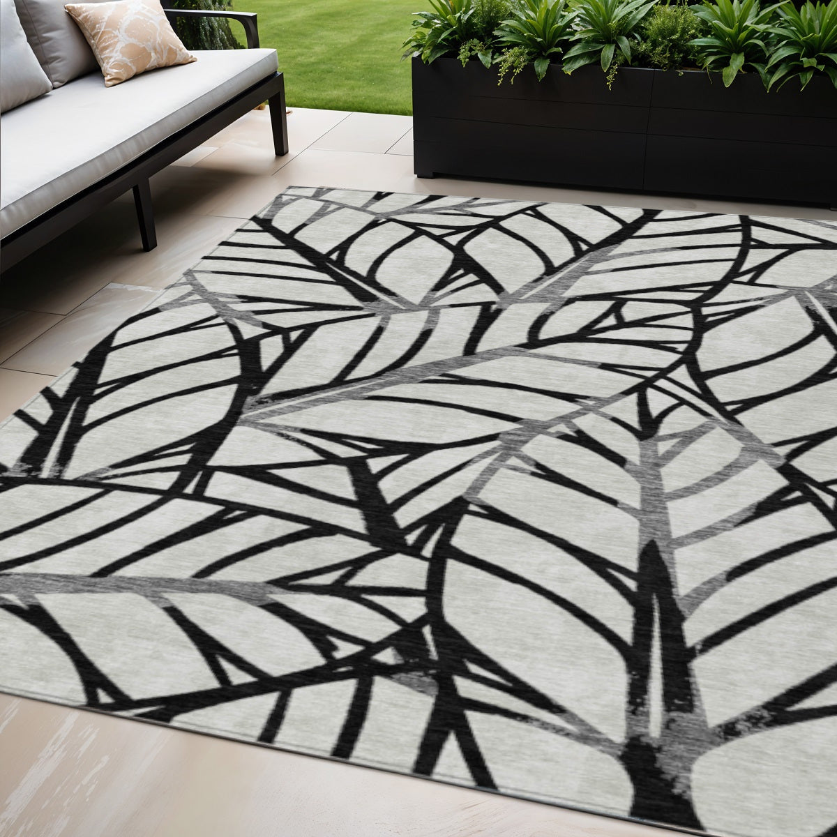 5 X 8 Black Gray And Beige Floral Washable Indoor Outdoor Area Rug