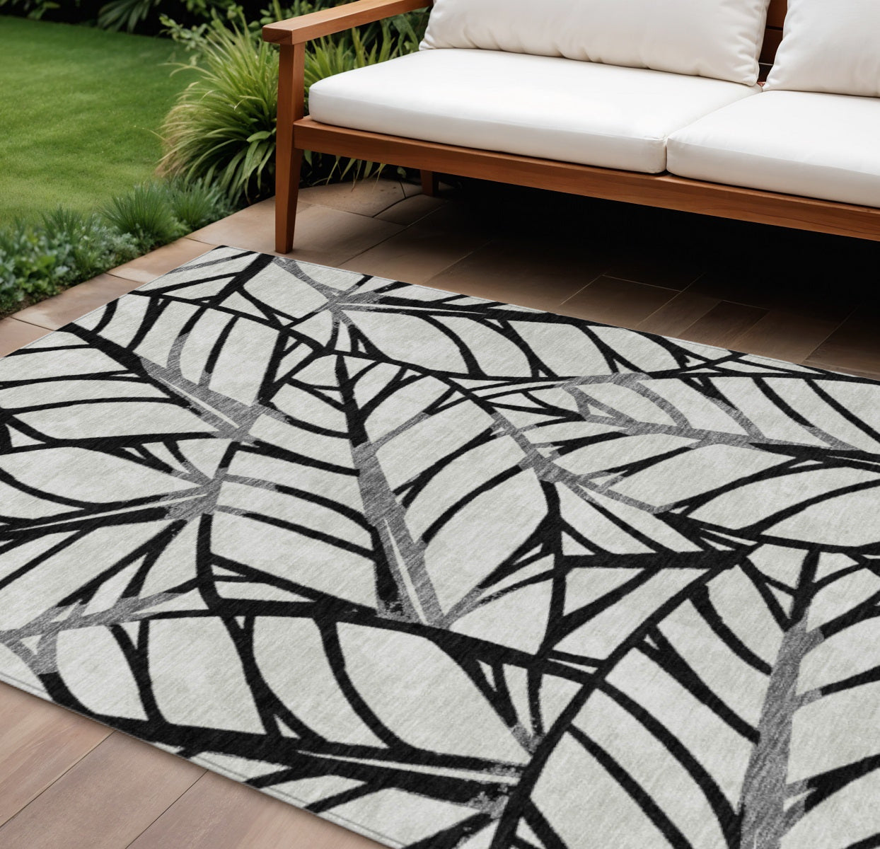 10 X 14 Black Gray And Beige Floral Washable Indoor Outdoor Area Rug