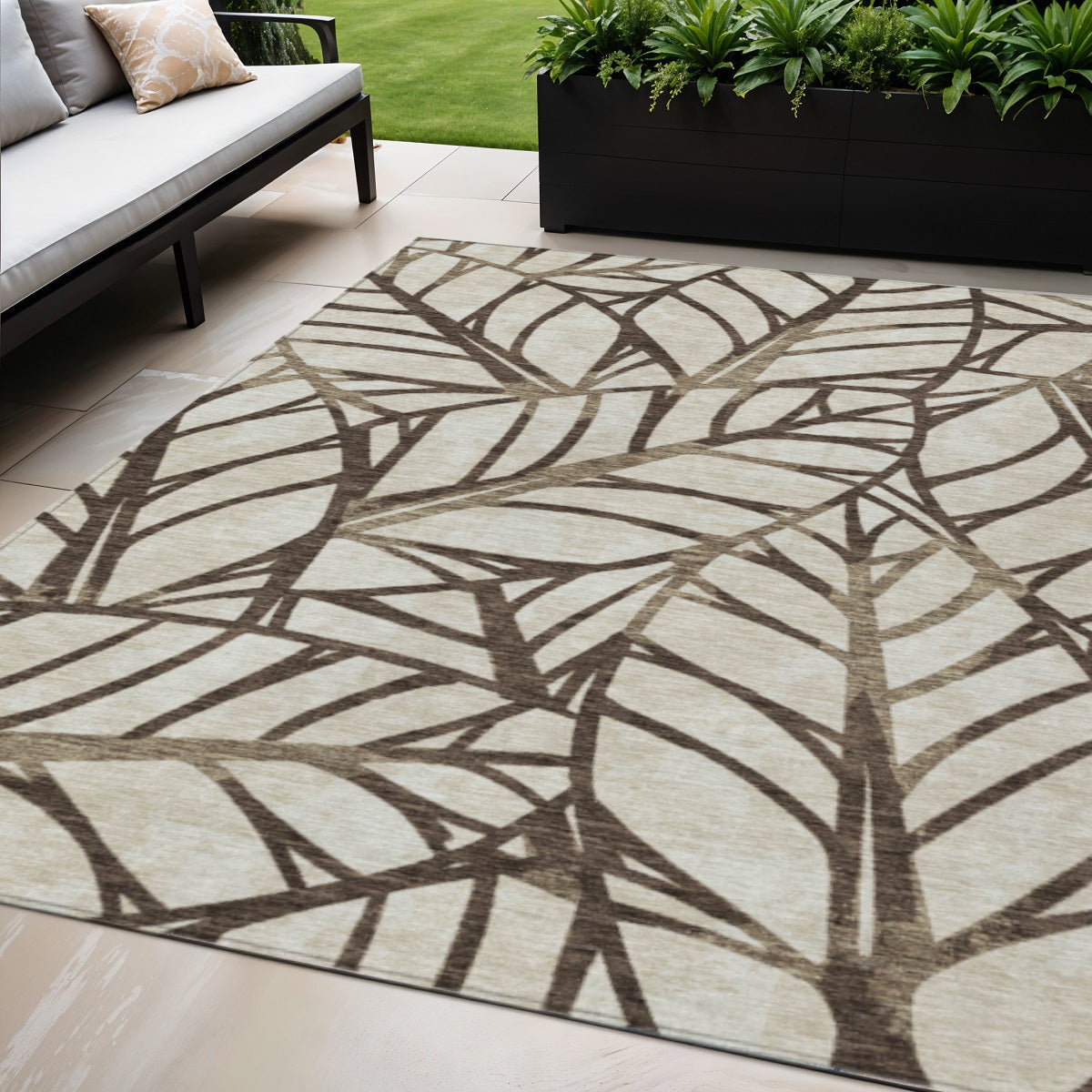 5 X 8 Chocolate And Beige Floral Washable Indoor Outdoor Area Rug