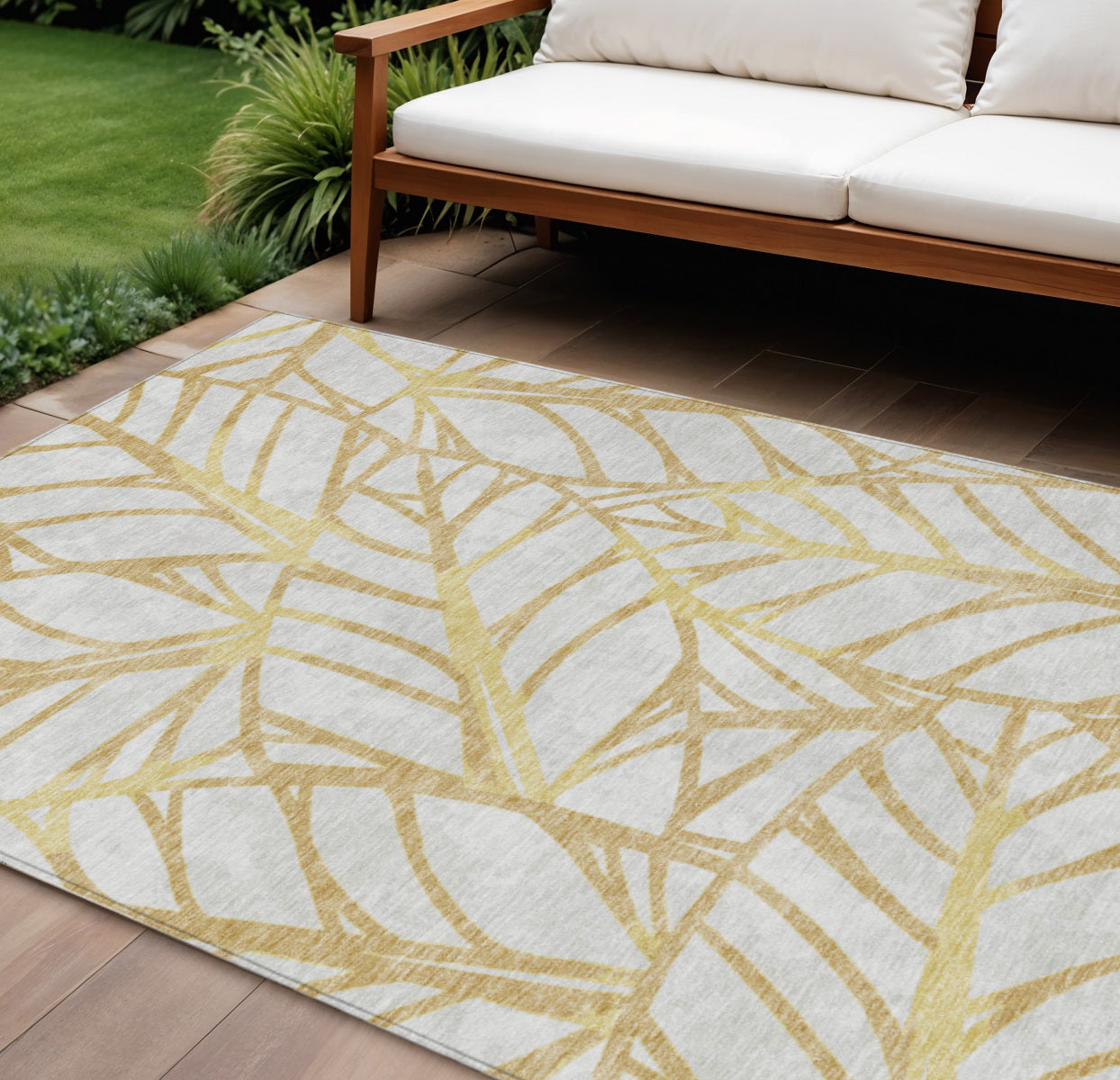10 X 14 Gold And Beige Floral Washable Indoor Outdoor Area Rug