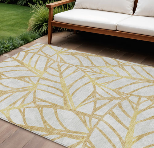 10 X 14 Gold And Beige Floral Washable Indoor Outdoor Area Rug
